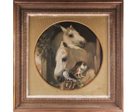 After John Frederick Herring (1795-1865), 'Stable Companions', a circular oleograph on canvas, 49 cm diameter in a gilt frame