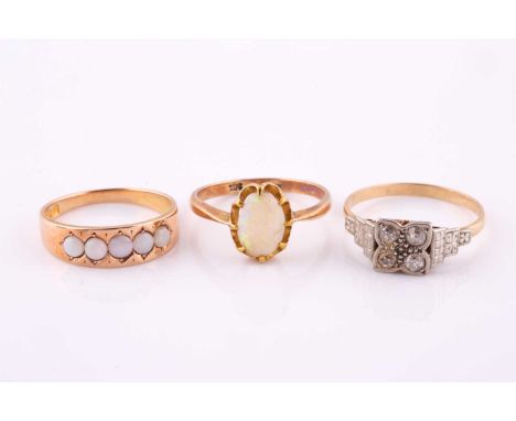 A collection of opal and diamond-set rings1st) set to the front with five opal cabochon mounted in 9ct yellow gold, stamped w