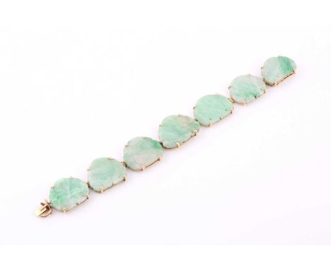 A carved green jade panel link bracelet, each carved as a seated Hotei, to yellow precious metal mount, clasp stamped '14k 58