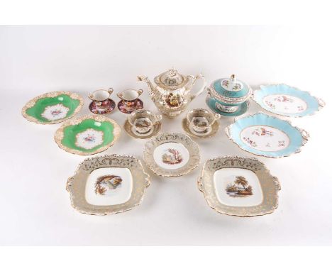 A Coalport part tea service, circa 1840, comprising teapot, 2 x bread plates, a dessert plate and two tea cups and saucers, e