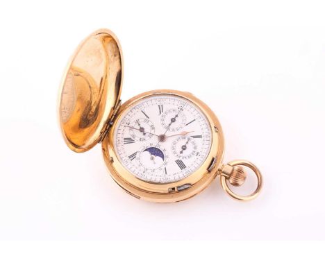 An 18k gold cased repeater chronograph full hunter pocket watch, the white enamel dial with Roman numerals, outer 0-300 chron