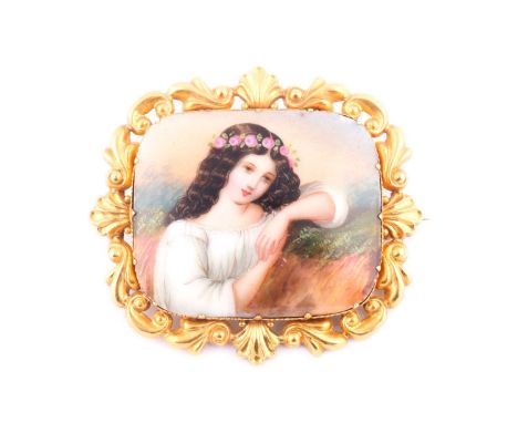 A porcelain broochThe rectangular-shaped plaque depicting the portrait of a lady with a rose wreath, within a repousse scroll