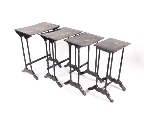 A 19th-century Anglo-Chinese black pappier mache quartetto of inter sliding side tables. The tops decorated with oriental sce