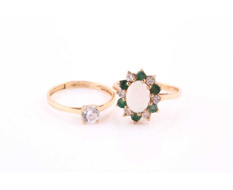 An opal, emerald and cubic zirconia cluster ring in basket mount, to 9 carat yellow gold shank; together with a clear single 