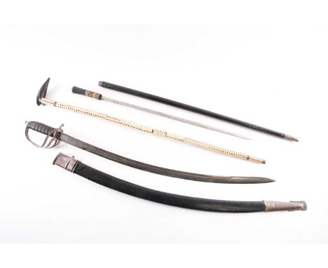 An Anglo-Indian sabre and scabbard with nickel-plated pierced guard and wire lashed hide grip. The fullered blade with floral