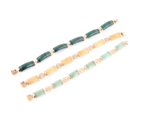 A collection of gem-set braceletsEach composed of polished panels of either green or cream jade or malachite, to pierced conn