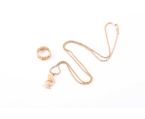 An 18ct yellow gold abstract band ring, by John Donald, London 1976, 5.5 grams, a sailing boat pendant to a ropetwist chain, 