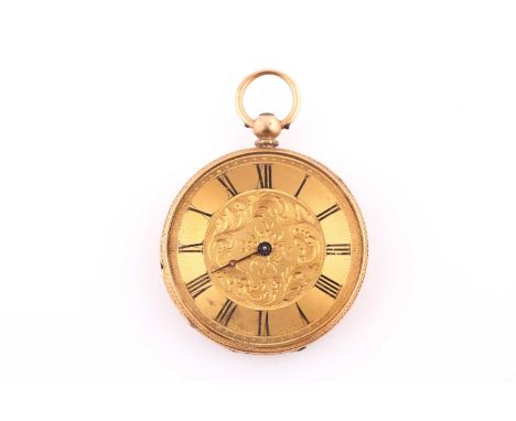 A lady's late 19th century, Swiss yellow metal open faced pocket watch; engine-turned and foliate engraved dial with Roman nu