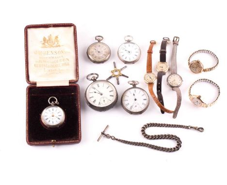 Four lady's 9 carat gold wristwatches; a silver J W Benson wristwatch (lacking winding crown); a late Victorian silver open f