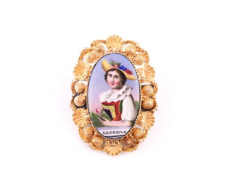 A Victorian porcelian brooch, the oval plaque depicting the portrait of a lady, "Lucerne" within a scrolling surround with be