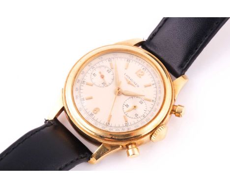 A gentleman's 18k yellow gold Longines Flyback chronograph wristwatch, 1940s, cream dial with two subsidiary dials, baton and