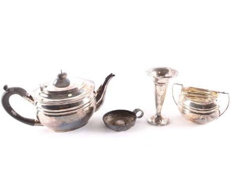 An early 20th-century silver teapot, London 1919 probably by C.S Harris. Together with a matched sucrier, white metal wine ta