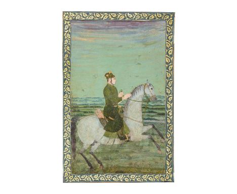 Portrait équestre d'un princeInde moghole, début du XVIIIe siècleGouache rehaussée d'or sur papier monté en page d'album, enc