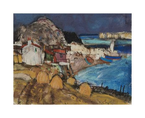 § GEORGE DEVLIN R.S.W (SCOTTISH 1937-2014) HAYSTACKS NEAR MALIN Signed lower right, mixed media Dimensions:21cm x 28cm (8.25i