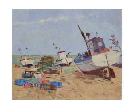 § GEORGE DEVLIN R.S.W (SCOTTISH 1937-2014) BOATS AT ALDEBURGH Signed lower right, oil on canvas Dimensions:64cm x 69cm (25.25