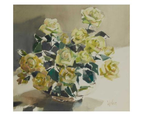 § ETHEL WALKER (SCOTTISH 1941-) GREEN ROSES Signed lower right, oil on boardDimensions:45cm x 49cm (17.25in x 19.15in)