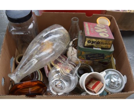 A mixed lot to include various pieces of glassware, vintage tins, a gas lamp, a fondue set and an SF and Co. 'Rye' hanging pl
