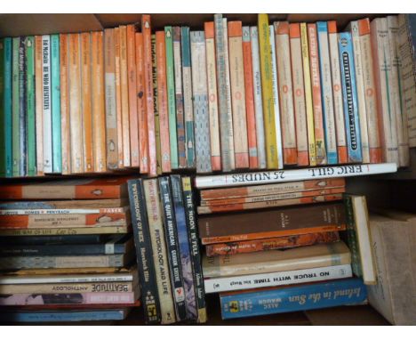 A box of vintage Penguin titles with works by authors such as James Joyce and Graham Greene along with Pan titles such as Cas