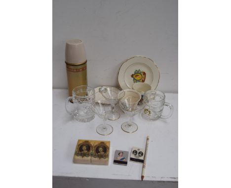 A box of commemorative ware including a 2 June 1953 Thermos flask; cup, saucer, side plate, mug,tankards, etc together with t