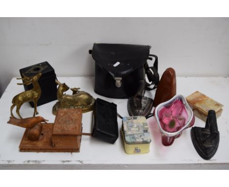 A mixed lot containing vintage Waddingtons jigsaw cartons; flat irons, Harrier Pilot portable transistor, Ensign E20 camera; 