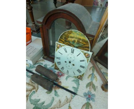 Parts of a 19th century longcase clock, including movement, oak case, and painted metal dial showing the Bridge of Don