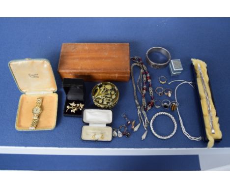 A quantity of costume jewellery and other items including a Rotary ladies wristwatch and various silver and gold rings