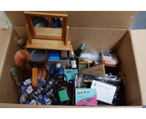 A mixed lot to include brass, copper, a toilet mirror, flash unit, flatware, a bottle of Baby Cham vintage tools and other it