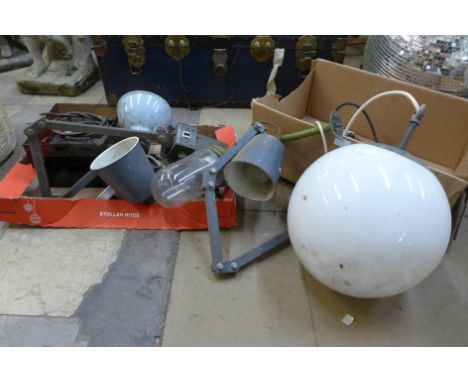 Assorted industrial anglepoise lamps, light fittings, shades, etc. 