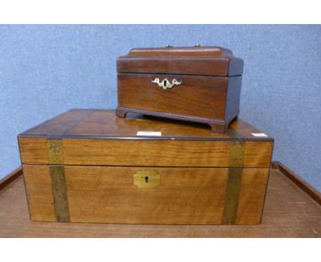 A Victorian walnut and brass mounted writing slope and a George III mahogany tea caddy 
