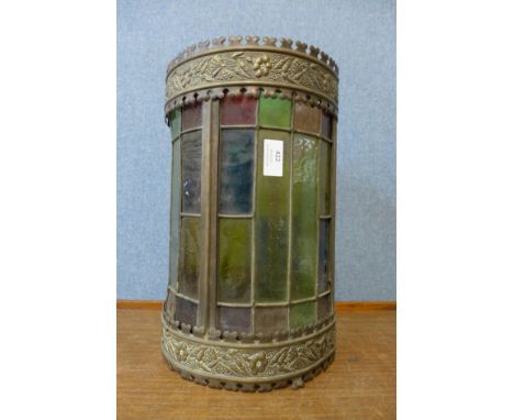 A Victorian Aesthetic Movement brass and stained glass hanging light shade 