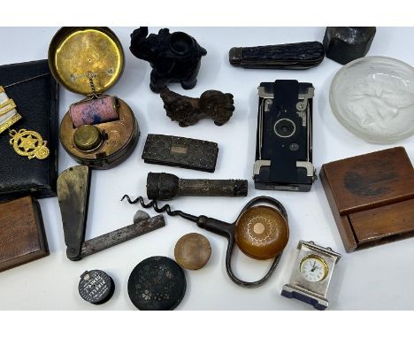 A collection of miscellaneous items, include a cold painted bronze dog, 18th century Pique work box i, shagreen box, Masonic 