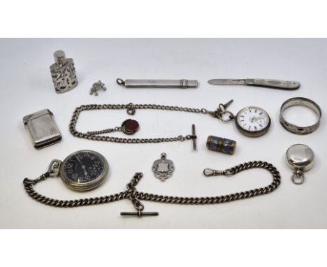 A collection of small silver ware and objects of vertu, to include: A silver open face fob watch, having white enamel Roman n
