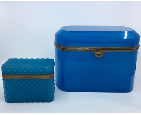 Two French blue opaline glass caskets/jewellery boxes, the larger length 26cm, the smaller bronze mounted with hobnail cut de
