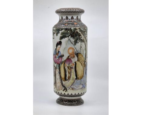 A Large Chinese Republican porcelain vase, of straight cylindrical form, waisted to rim and foot, decorated with Lohan holdin