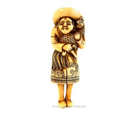 A 18th century Edo period Japanese ivory netsuke, in the form of a Dutchman wearing a hat and long beard, holding a cockerel 