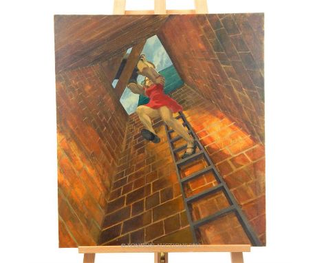 Rebecca J. Skertchly RA (Modern British), Female figure ascending a ladder. Oil on canvas, initialled, 68 x 75.5 cm. Dated ve