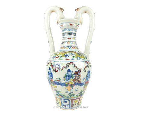 A Chinese famille vert, twin handled vase; 46cm high.