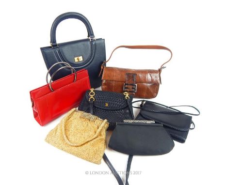 Seven vintage ladies handbags and evening bags, comprising: Tanner Krolle red leather clutch, Apsrey black leather shoulder b