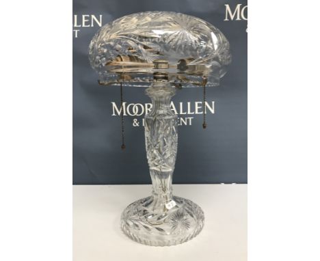 An early to mid 20th Century cut glass mushroom table lamp of large proportions with twin lights 43 cm high CONDITION REPORTS