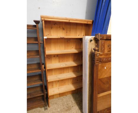 PINE FRAMED FIVE FIXED SHELF BOOKCASE WITH PANELLED BACK    