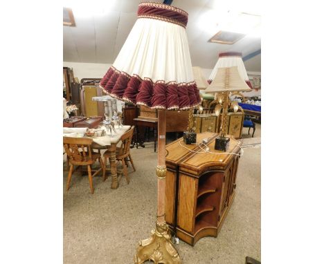 GOOD QUALITY RESIN MODEL ROCOCO GILDED STANDARD LAMP WITH FABRIC MOUNTED COLUMN AND CREAM AND RED VELOUR SHADE (PAIR)    