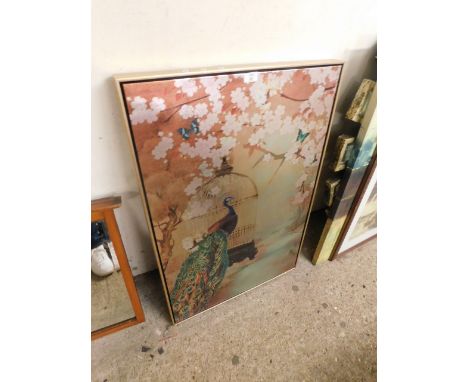GILT FRAMED PRINT OF A PEACOCK, A PORTRAIT OF A LADY AND PRINT OF SIAMESE CATS (3)    