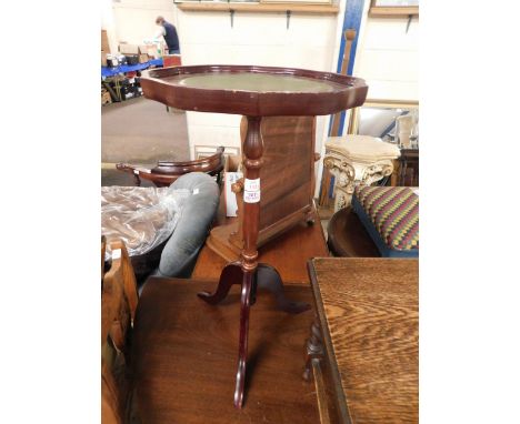 TEAK FRAMED WINE TABLE WITH GREEN LEATHER INSERT ON A TRIPOD BASE    