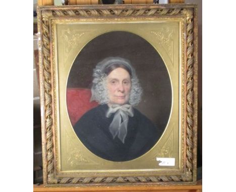 English School 19th Century  Portrait of Mrs Anne Boulnois (nee Le Strange) in a lace-beribboned mob cap oil on canvas, oval 