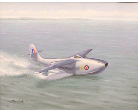 § Dennis Griffin (British, 20th Century) Touchdown in the Solent, a Saro SR AI prototype seaplane signed lower left "Dennis G