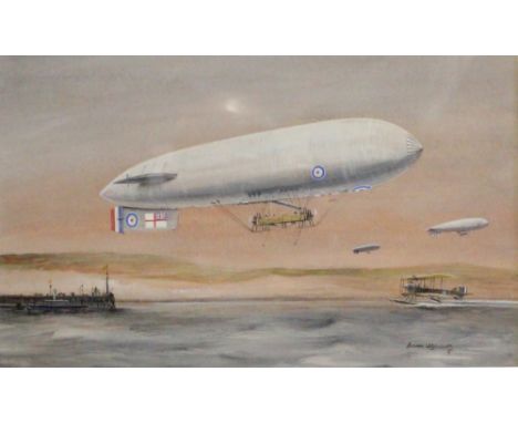 § Norman Wilkinson, CBE, RI (British, 1878-1971) A C19 Coastal class airship signed watercolour 25 x 38cm (10 x 15in)  Operat