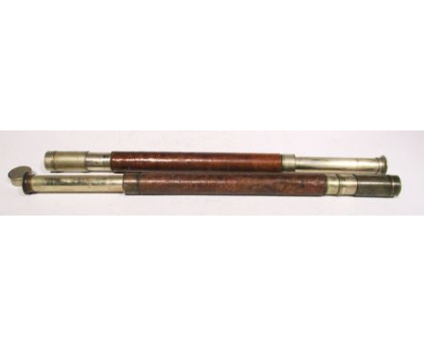 Two leather and plated telescopes, the first stamped Ross, London and bearing the name A W Fawkes, 59cm extended; another by 
