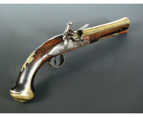 A brass barrelled flintlock blunderbuss pistol, circa 1760, the two stage swamped 22.5cm barrel signed 'Jones Cornhill London