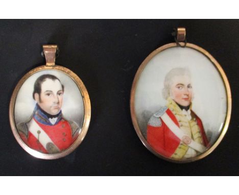 English School (19th century)  Miniature of an officer in red uniform with hair back and another portrait miniature of a mili