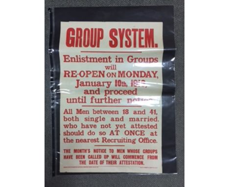 Four posters from the World War I and World War II  "Single Men First"; "Enlists Now" and "Group System" poster, various size
